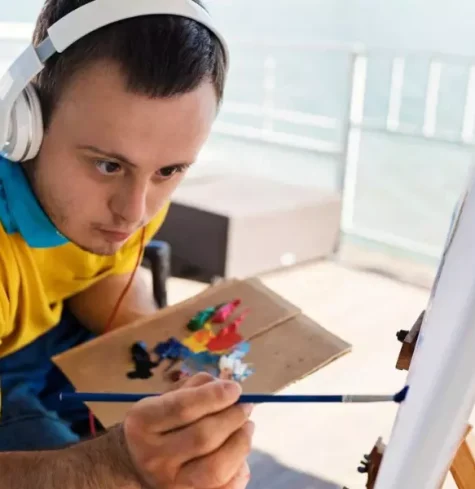 Disabled boy with headphones on and painting